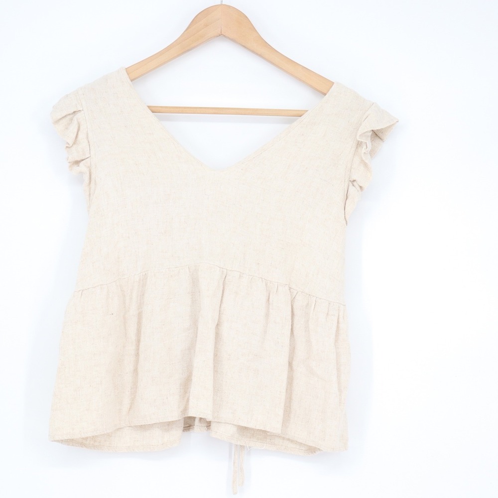 New In Oatmeal Linen Blend Ruffle Sleeve Lace Up Back Peplum Top Large - Picture 2 of 6